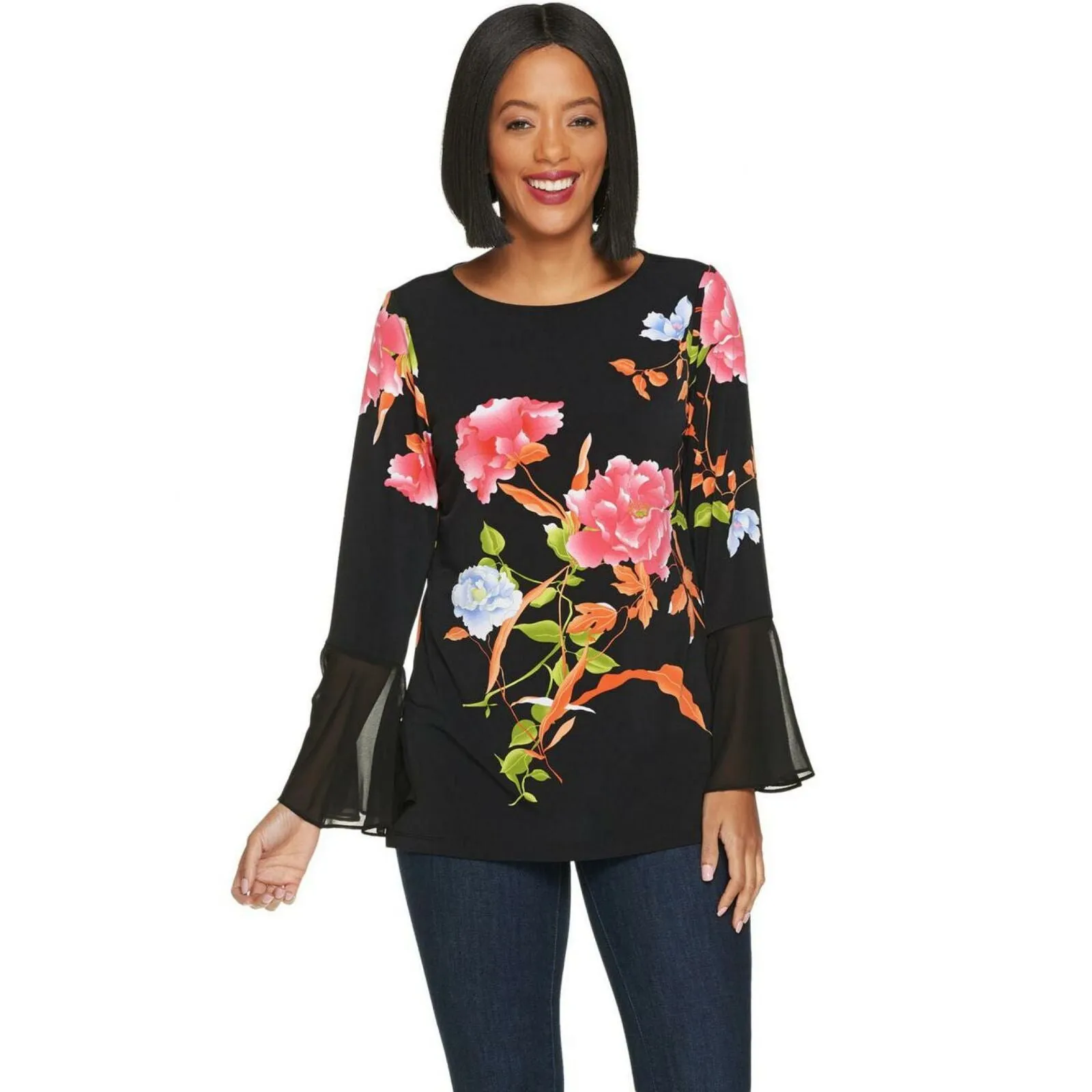 Susan Graver Women's Floral Chiffon Flounce Cuffs Liquid Knit Top