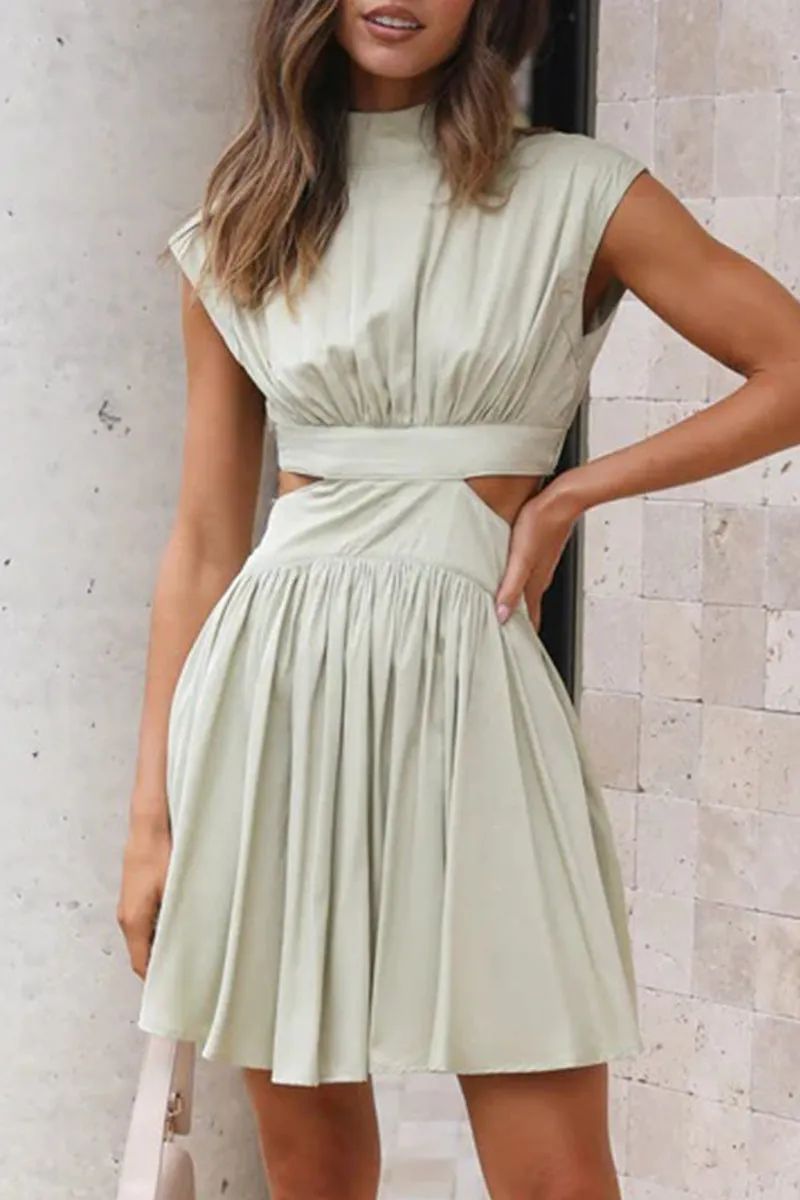 Sweet Elegant Solid Ripped Mandarin Collar Waist Skirt Dresses