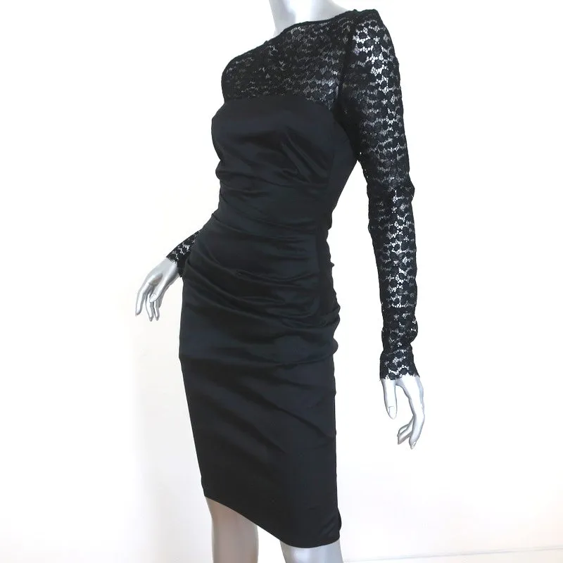 Talbot Runhof Dress Black Lace & Ruched Taffeta Size 36 Long Sleeve Sheath