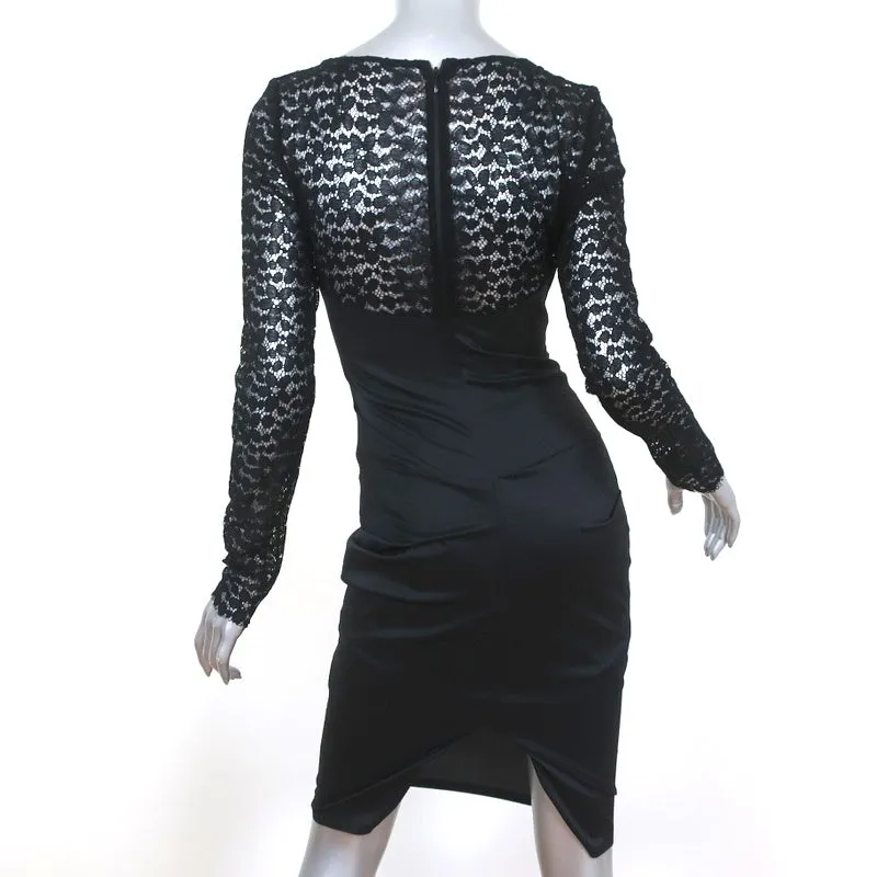 Talbot Runhof Dress Black Lace & Ruched Taffeta Size 36 Long Sleeve Sheath