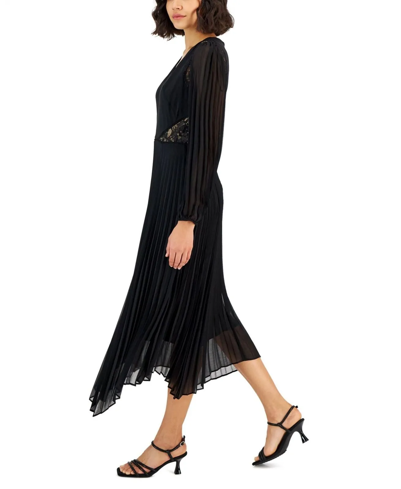 Taylor Women's Lace-Trim Pleated Fit & Flare Dress 2340M Black 8