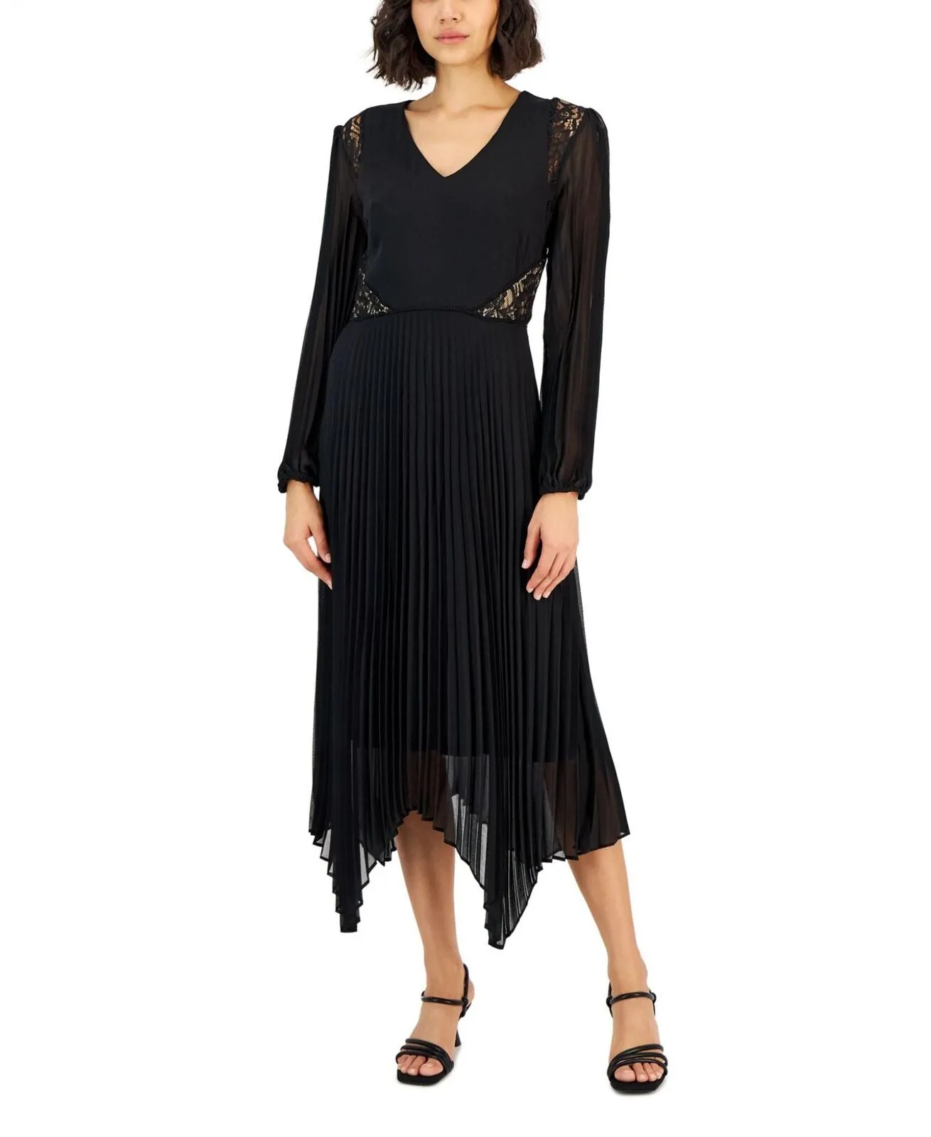 Taylor Women's Lace-Trim Pleated Fit & Flare Dress 2340M Black 8