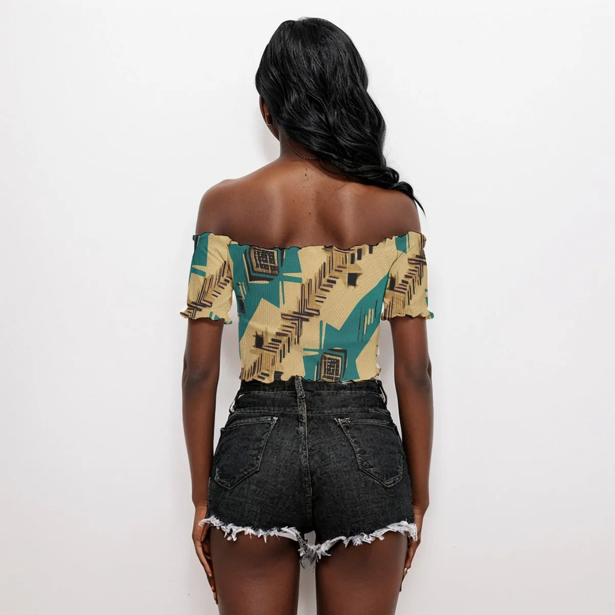 Teal and Gold All-Over Print Women's One-shoulder Off-the-navel Short Sleeve T-shirt
