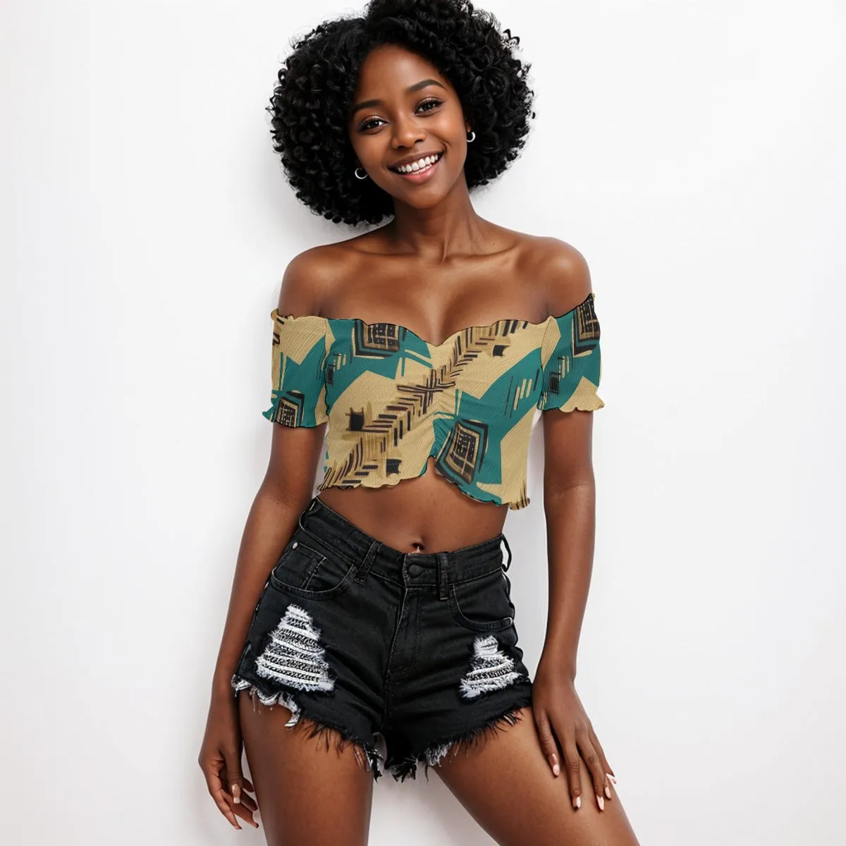 Teal and Gold All-Over Print Women's One-shoulder Off-the-navel Short Sleeve T-shirt