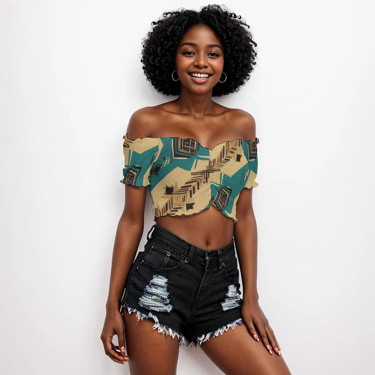 Teal and Gold All-Over Print Women's One-shoulder Off-the-navel Short Sleeve T-shirt