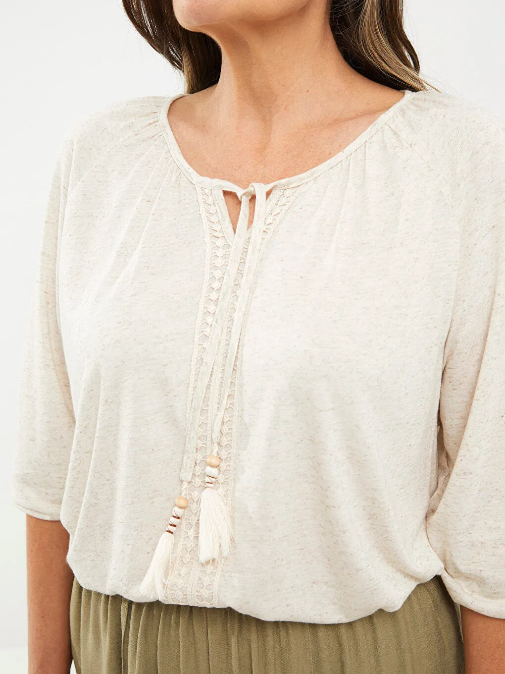Tie Neck Embroidered Long Sleeve Women's T-Shirt