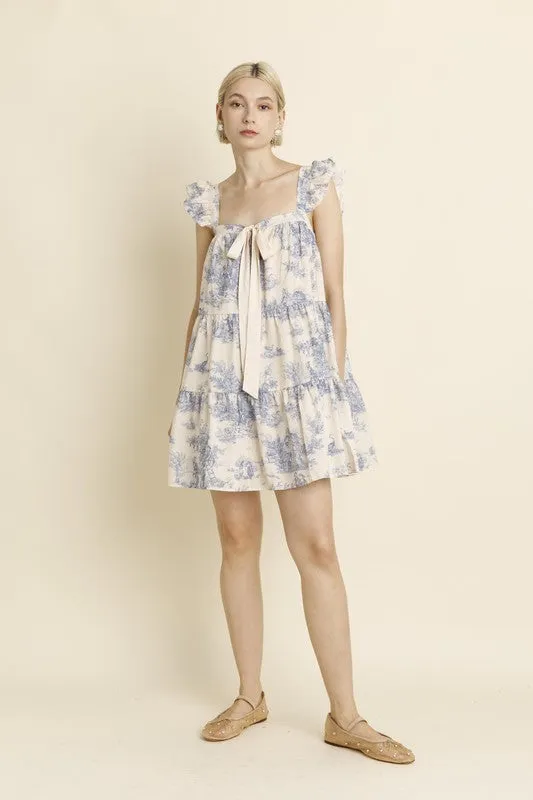 Toile Ruffle Mini Dress W/ Bow