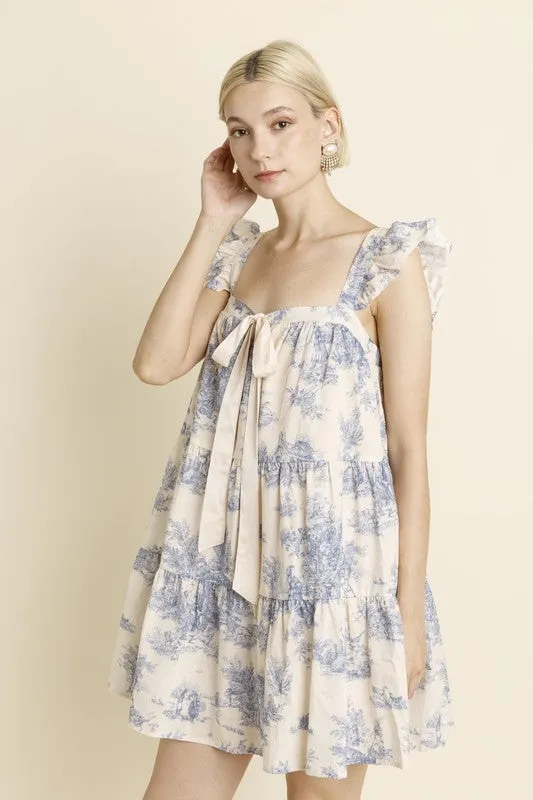 Toile Ruffle Mini Dress W/ Bow