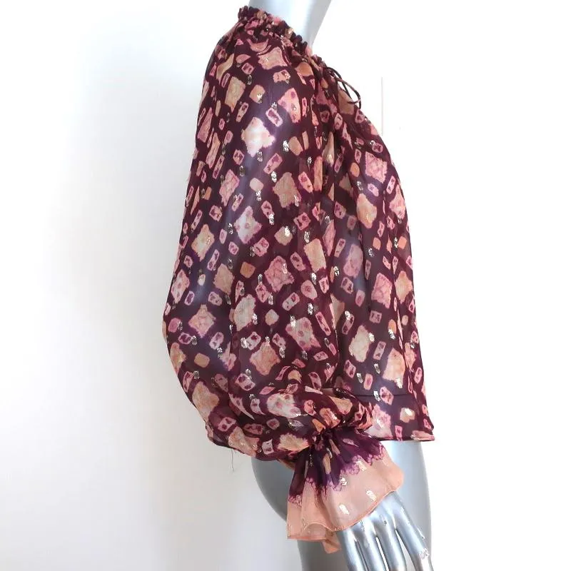 Ulla Johnson Blouse Nailah Bordeaux Lurex Printed Silk Size 0 Long Sleeve Top