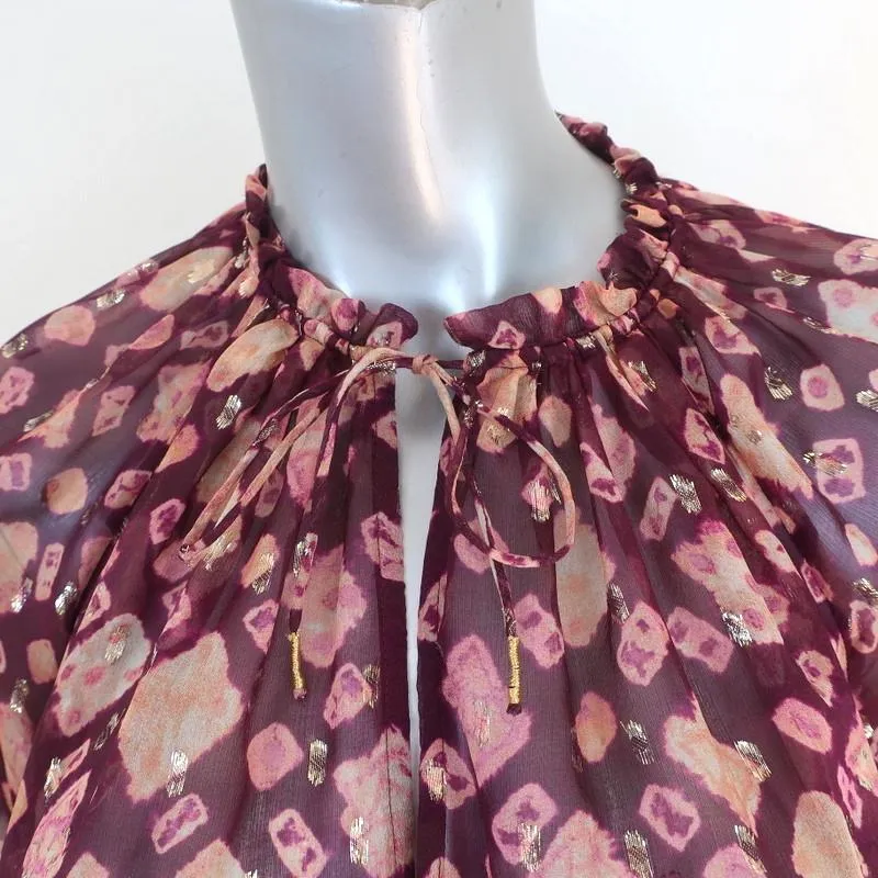 Ulla Johnson Blouse Nailah Bordeaux Lurex Printed Silk Size 0 Long Sleeve Top