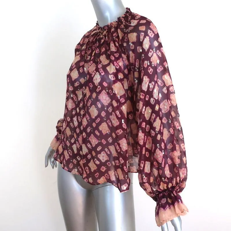 Ulla Johnson Blouse Nailah Bordeaux Lurex Printed Silk Size 0 Long Sleeve Top