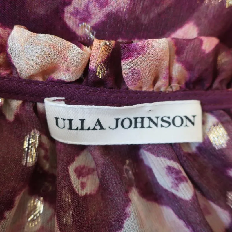 Ulla Johnson Blouse Nailah Bordeaux Lurex Printed Silk Size 0 Long Sleeve Top