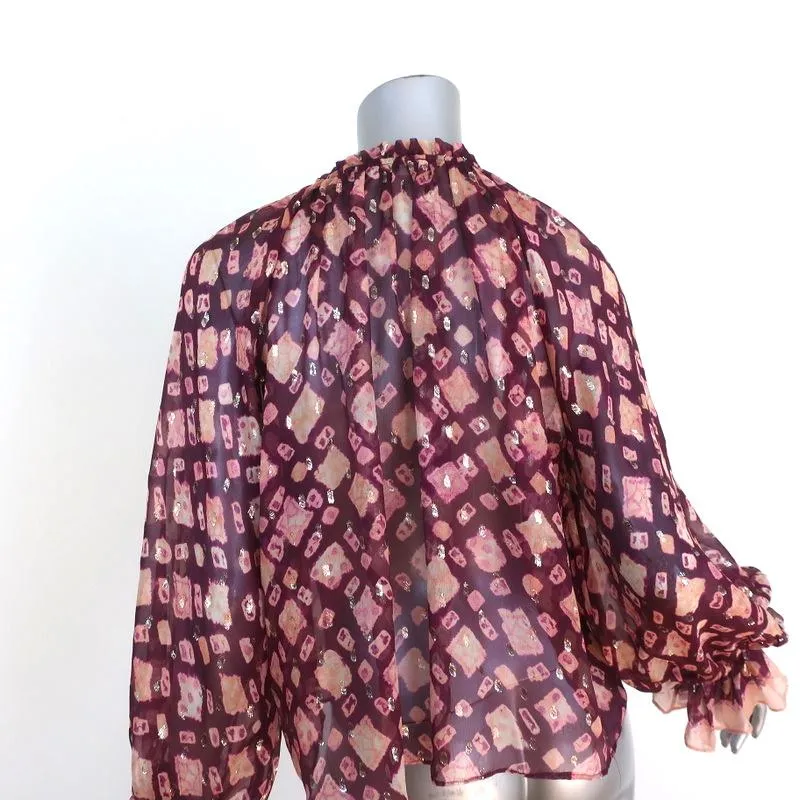 Ulla Johnson Blouse Nailah Bordeaux Lurex Printed Silk Size 0 Long Sleeve Top