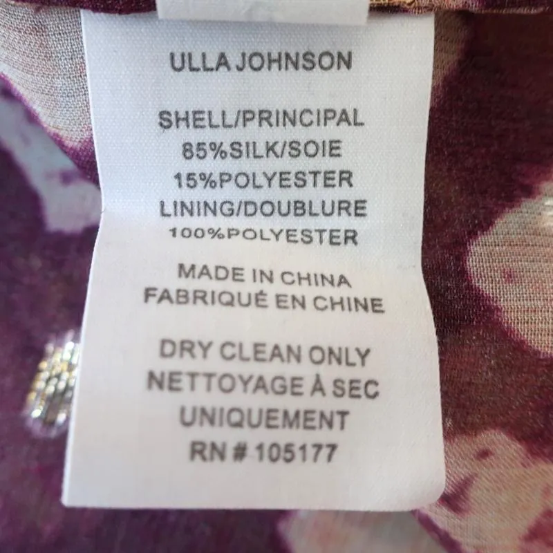 Ulla Johnson Blouse Nailah Bordeaux Lurex Printed Silk Size 0 Long Sleeve Top