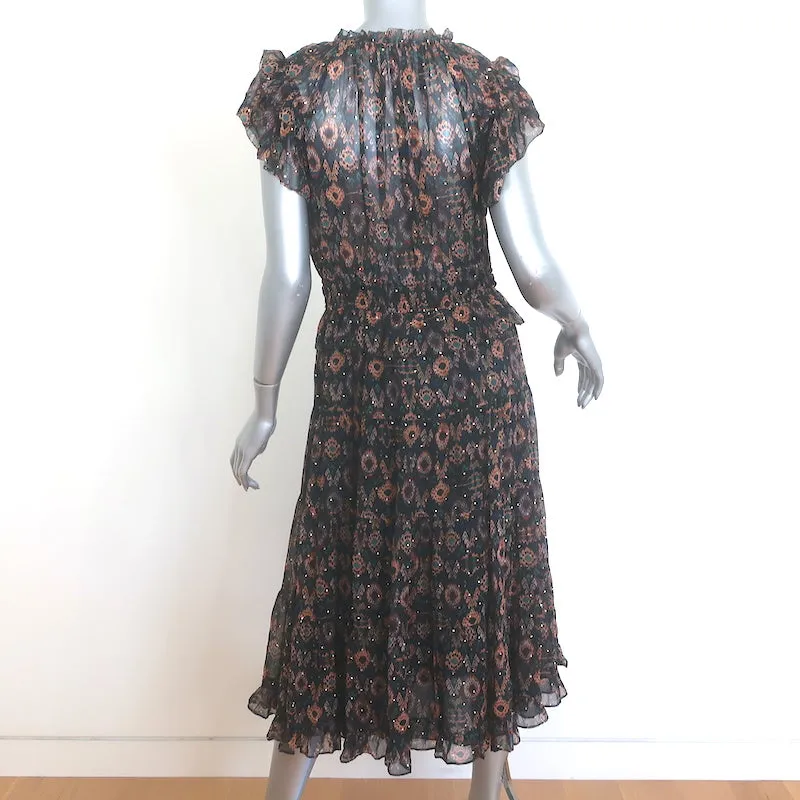 Ulla Johnson Emine Tiered Midi Dress Black Metallic Ikat Print Chiffon Size 8