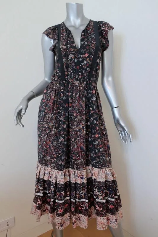 Ulla Johnson Midi Dress Zanna Midnight Floral Print Silk Size 0 Cap Sleeve