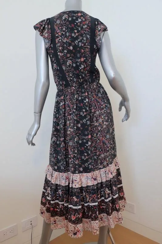 Ulla Johnson Midi Dress Zanna Midnight Floral Print Silk Size 0 Cap Sleeve