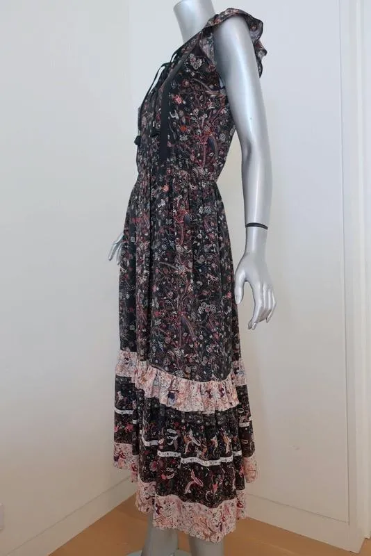 Ulla Johnson Midi Dress Zanna Midnight Floral Print Silk Size 0 Cap Sleeve