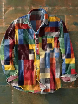 Unisex plain rainbow color plaid vintage printed lapel long sleeve pockets shirt