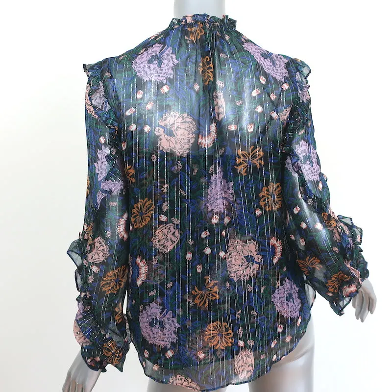 Veronica Beard Blouse Abra Metallic Floral Print Ruffled Chiffon Size 4