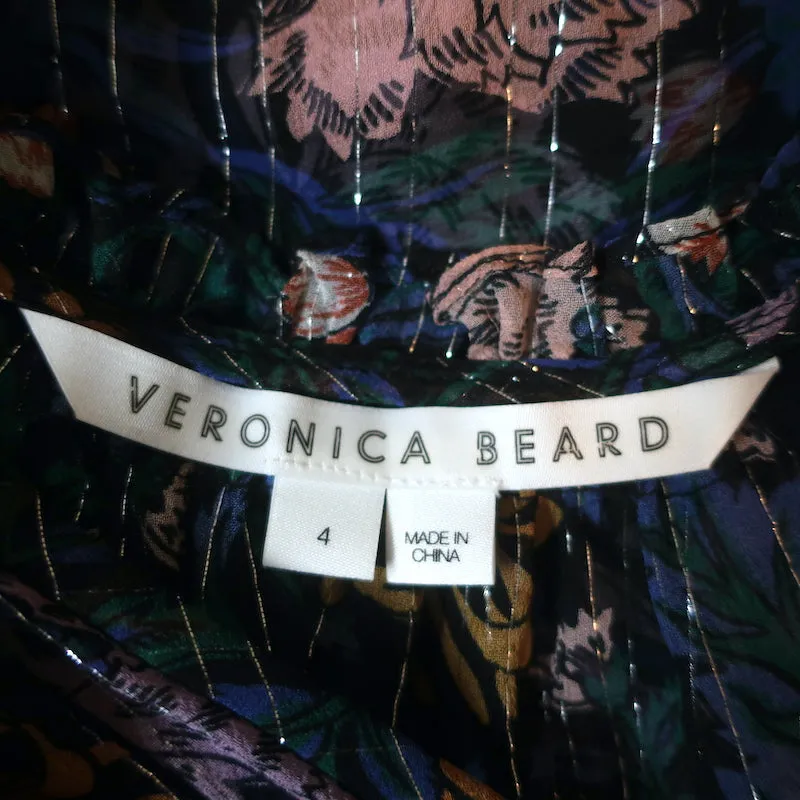 Veronica Beard Blouse Abra Metallic Floral Print Ruffled Chiffon Size 4