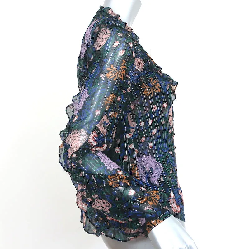 Veronica Beard Blouse Abra Metallic Floral Print Ruffled Chiffon Size 4