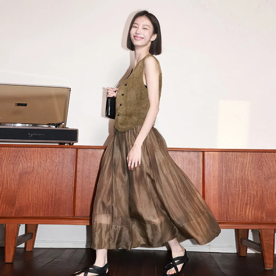 Vest suit women's spring and autumn, silk and linen blended fabric, jacquard craft vest women's long skirt B0203 set