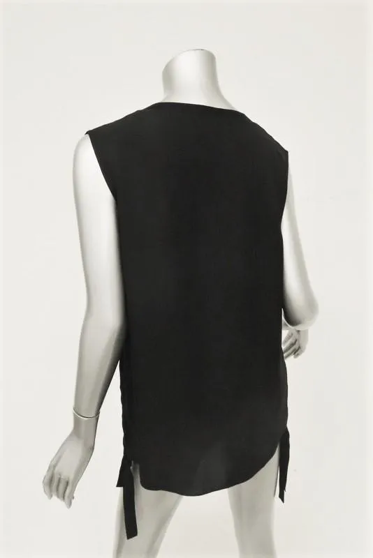 Vince Tank Top Black Rib Trim Ruched Silk Size 10 Sleeveless Blouse