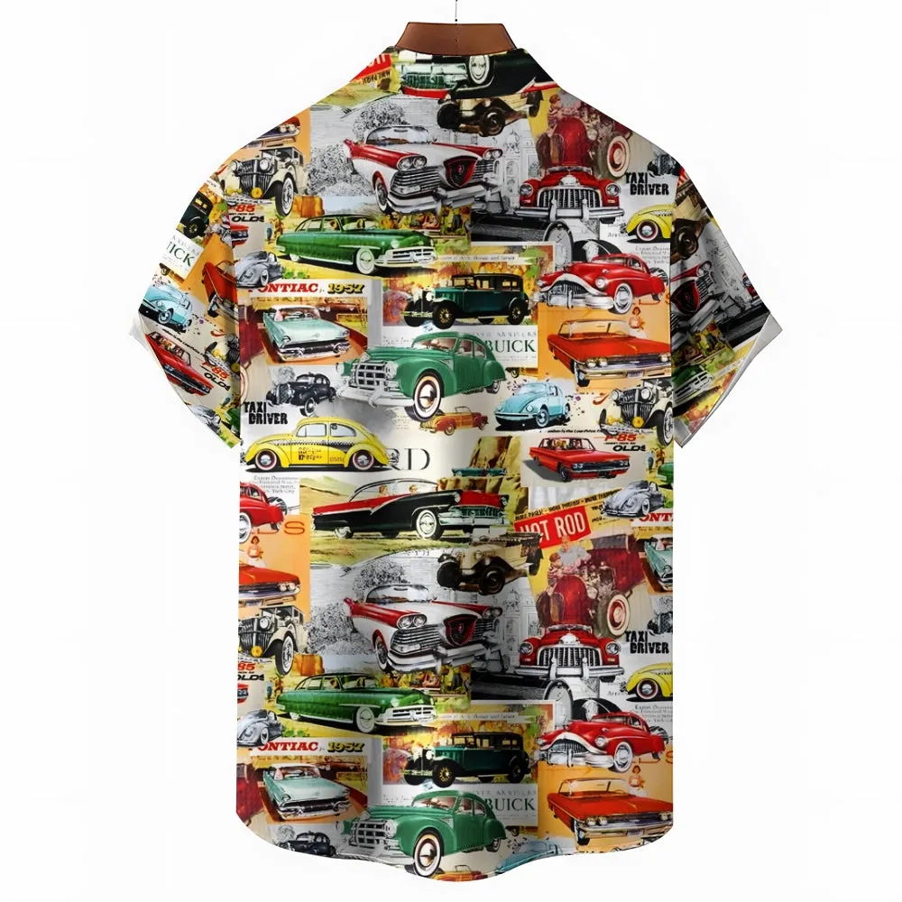 Vintage Classic Car Newspaper Print Bamboo Linen Short Sleeve Shirt 2501006667