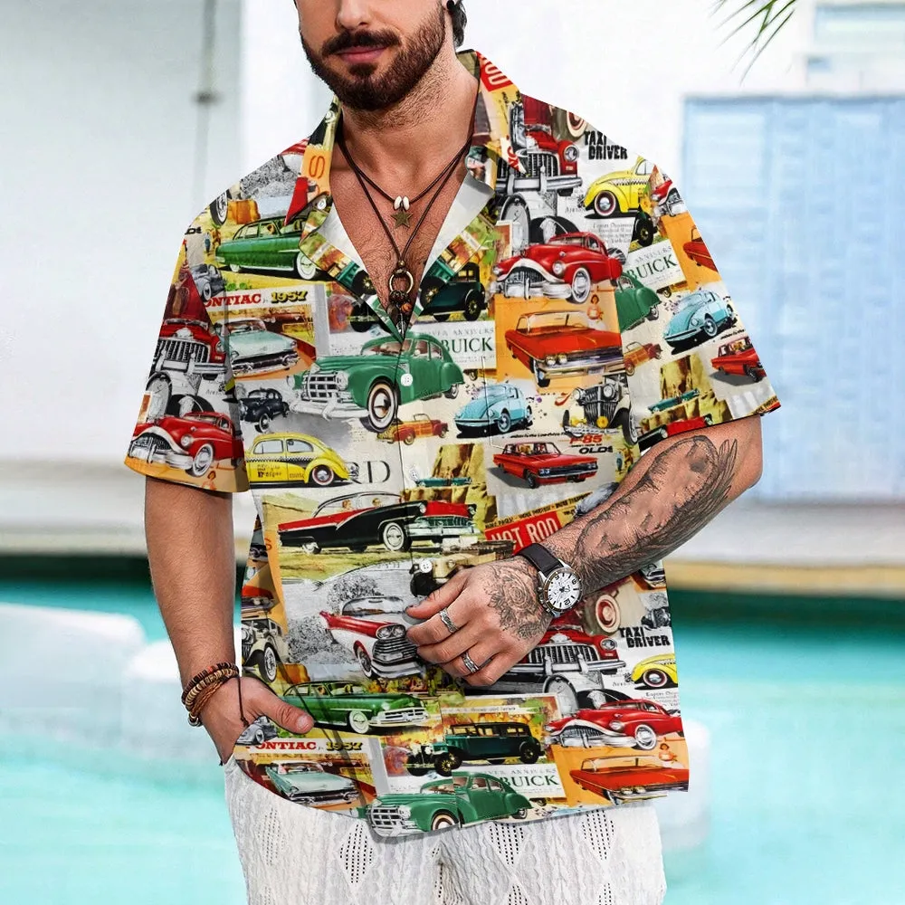 Vintage Classic Car Newspaper Print Bamboo Linen Short Sleeve Shirt 2501006667