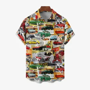Vintage Classic Car Newspaper Print Bamboo Linen Short Sleeve Shirt 2501006667