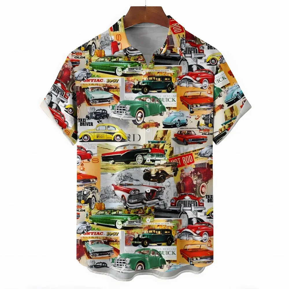 Vintage Classic Car Newspaper Print Bamboo Linen Short Sleeve Shirt 2501006667