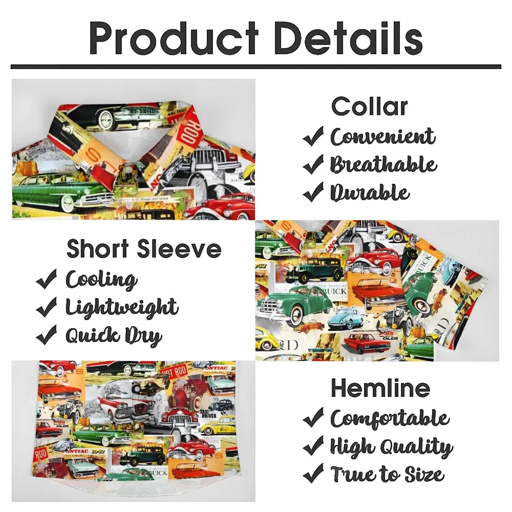 Vintage Classic Car Newspaper Print Bamboo Linen Short Sleeve Shirt 2501006667
