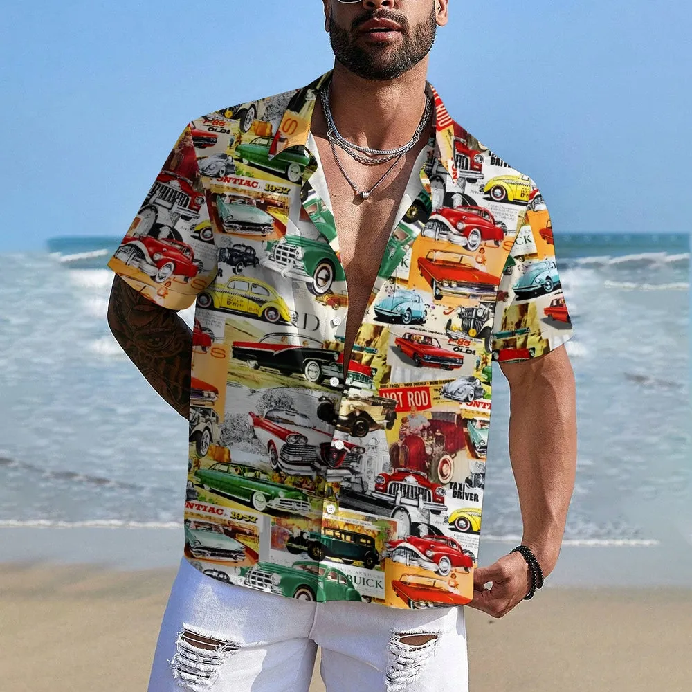 Vintage Classic Car Newspaper Print Bamboo Linen Short Sleeve Shirt 2501006667