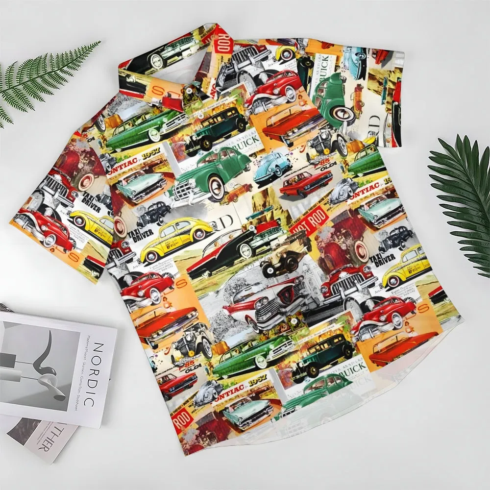 Vintage Classic Car Newspaper Print Bamboo Linen Short Sleeve Shirt 2501006667