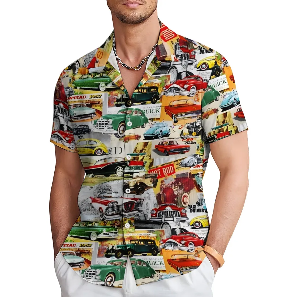 Vintage Classic Car Newspaper Print Bamboo Linen Short Sleeve Shirt 2501006667