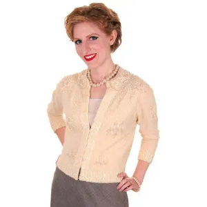 Vintage Cream Colored Cashmere Sweater Beaded/Sequins 1950s Mint