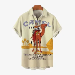 Vintage Desert Camel Print Bamboo Linen Short Sleeve Shirt