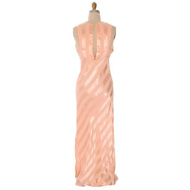 Vintage Nightgown Bias Cut Satin Stripe Rayon Peach Great Back 1930s Sz 36
