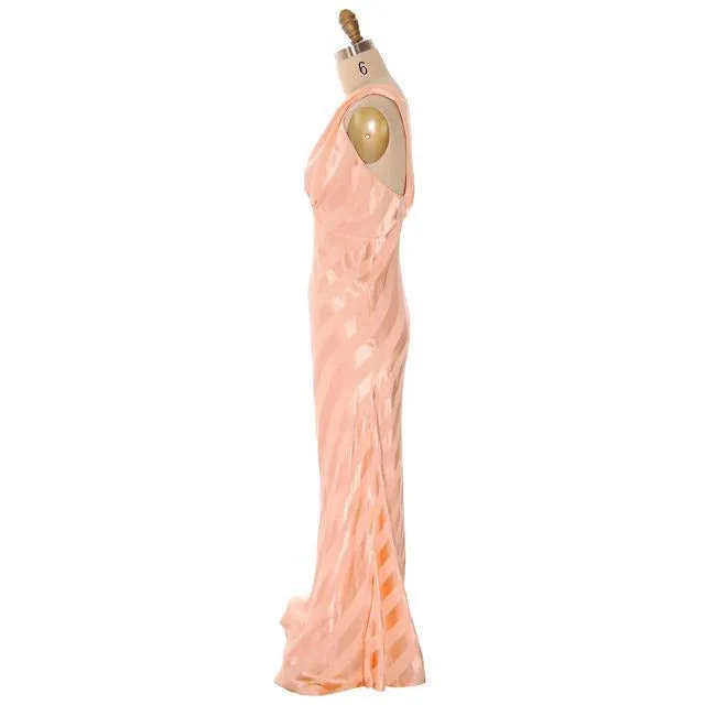 Vintage Nightgown Bias Cut Satin Stripe Rayon Peach Great Back 1930s Sz 36