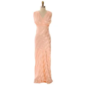 Vintage Nightgown Bias Cut Satin Stripe Rayon Peach Great Back 1930s Sz 36