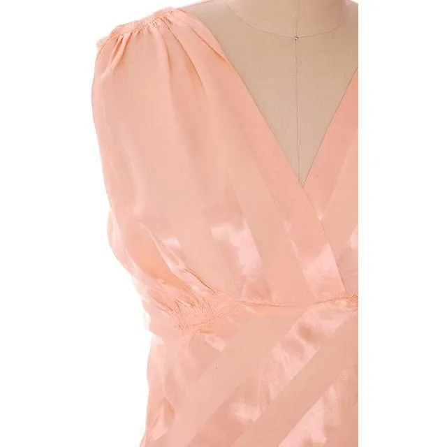 Vintage Nightgown Bias Cut Satin Stripe Rayon Peach Great Back 1930s Sz 36