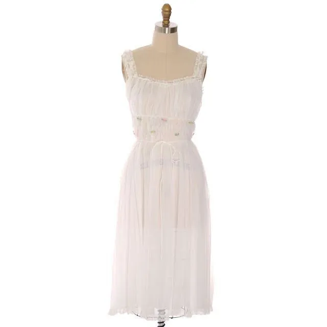 Vintage Nightgown White Sheer Nylon 1950s Gotham Smocked Bodice Sz 36