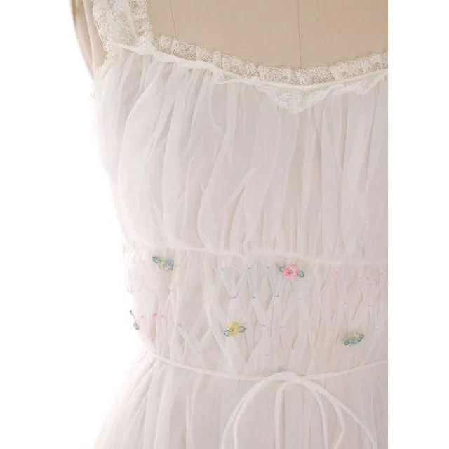Vintage Nightgown White Sheer Nylon 1950s Gotham Smocked Bodice Sz 36