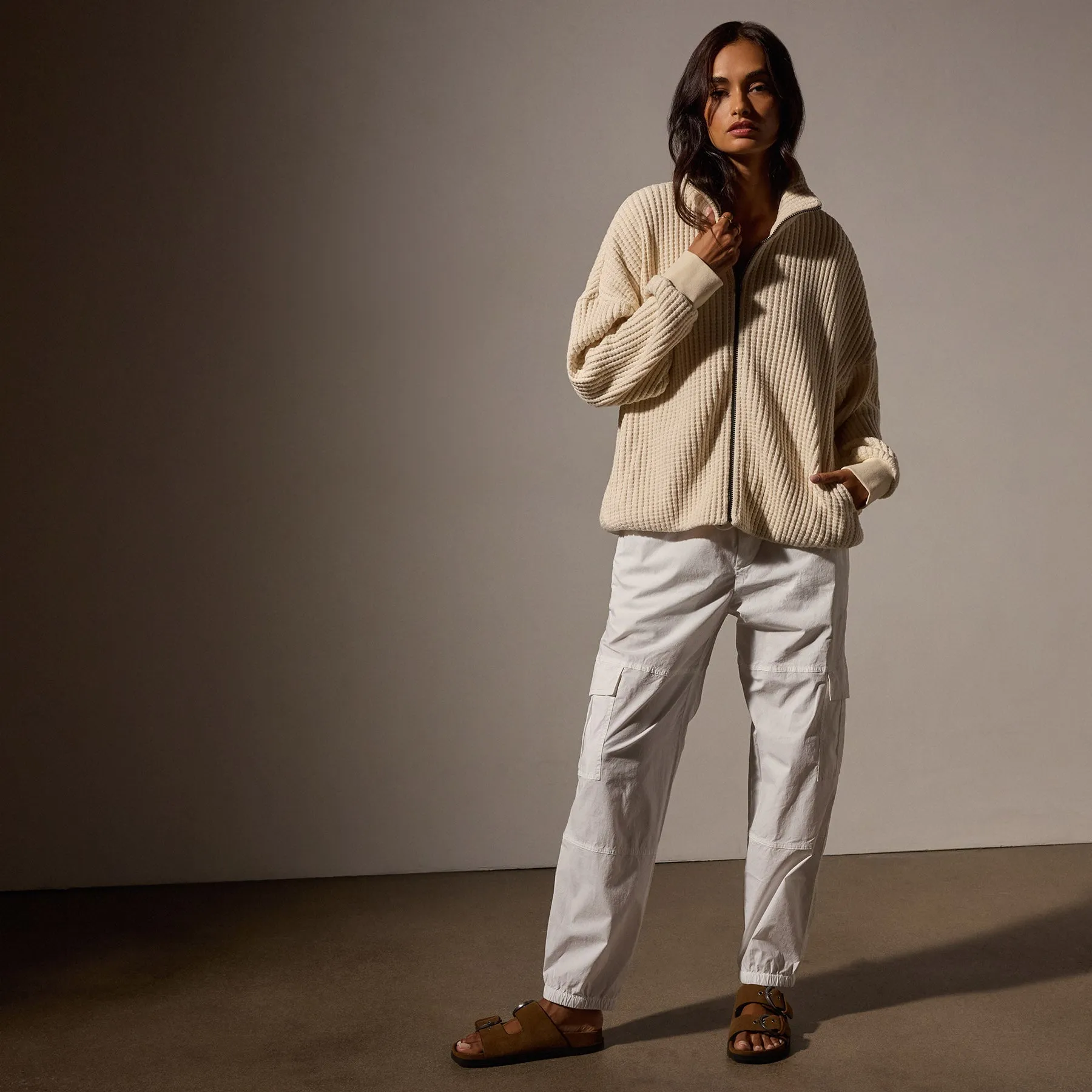 Waffle Knit Zip Up - Natural