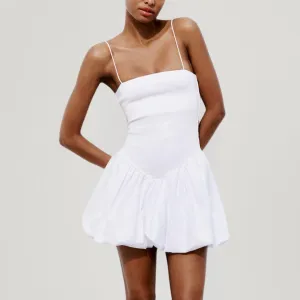 White Contrast Ribbed Puff Skirt Dress