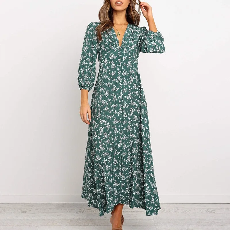 Women Chiffon Long Dress Floral Print Lantern Sleeve A-line Maxi Vestidos Autumn New Elegant Vintage V Neck Winter Dresses