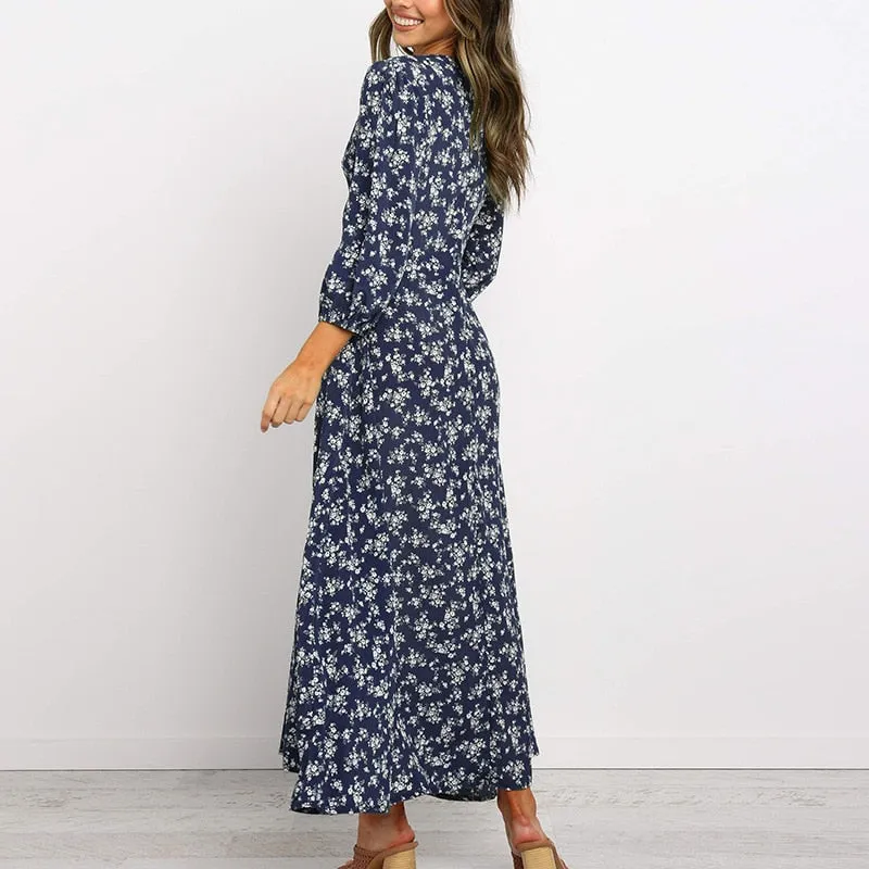 Women Chiffon Long Dress Floral Print Lantern Sleeve A-line Maxi Vestidos Autumn New Elegant Vintage V Neck Winter Dresses