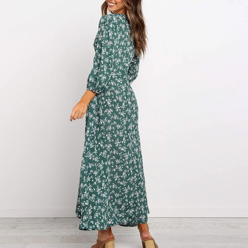 Women Chiffon Long Dress Floral Print Lantern Sleeve A-line Maxi Vestidos Autumn New Elegant Vintage V Neck Winter Dresses