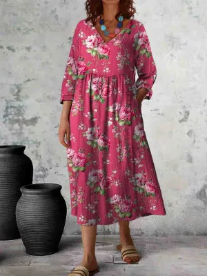 Women Floral Print V Neck Long Sleeve Cotton Pocket Dress